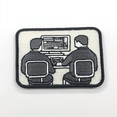 a white and gray embroidered patch depicting two people sitting at a computer.