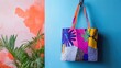 © Boonnam Burart - A fashionable tote bag hanging on a hook, with vibrant patterns and colors adding a splash of style to a minimalist room