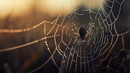 A macro shot of a spider laying silk threads to repair its web after a rainstorm, with tiny droplets still visible on the strands.