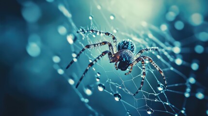 A macro shot of a spider laying silk threads to repair its web after a rainstorm, with tiny droplets still visible on the strands.