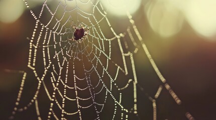 A macro shot of a spider laying silk threads to repair its web after a rainstorm, with tiny droplets still visible on the strands.