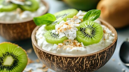 Fresh Greek Yogurt with Kiwi and Coconut Toppings