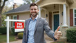 © Juan Mari - A confident real estate agent gives a thumbs-up in front of a charming house with a 'For Sale' sign. Perfect for marketing materials, websites, and social media promoting real estate services