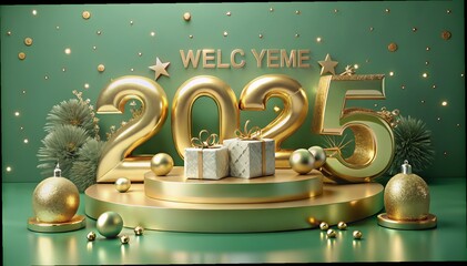 Wall Mural - 3d rendering of golden light shine particles bokeh over red background and the numbers 2025 in gold 