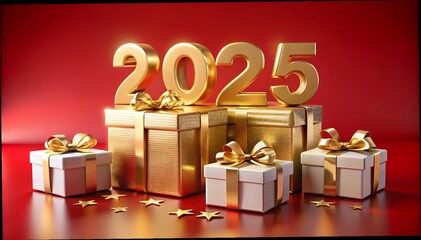 Wall Mural - 3d rendering of golden light shine particles bokeh over red background and the numbers 2025 in gold 