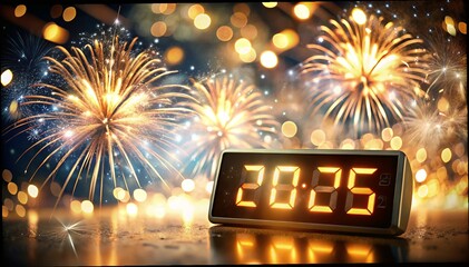 Wall Mural - 3d rendering of golden light shine particles bokeh over red background and the numbers 2025 in gold 