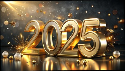 Wall Mural - 3d rendering of golden light shine particles bokeh over red background and the numbers 2025 in gold 