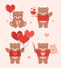 Wall Mural - Set of bears with hearts. Images for Valentine's Day. Flat vector illustration.