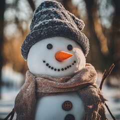 Snowman with a carrot nose, hat, scarf, coal buttons and stick arms standing outside on a winters day