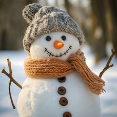 Snowman with a carrot nose, hat, scarf, coal buttons and stick arms standing outside on a winters day