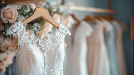 Closeup white wedding dress hanging on a hanger in a bridal boutique.