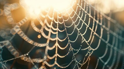 A detailed macro shot of a dew-covered spider web in the morning light, capturing the intricate pattern of the web and glistening droplets of water, showcasing the beauty of nature's delicate design.
