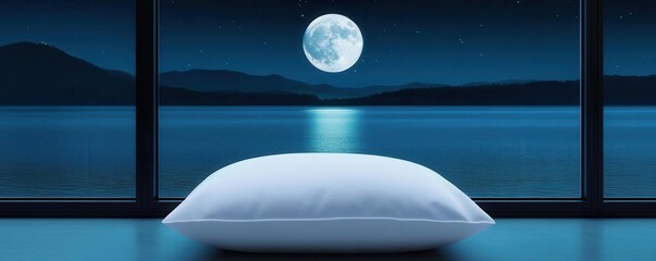 soft pillow by a large window, overlooking a calm lake under the moon