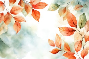 Wall Mural - Watercolor abstract background autumn collection with seasonal leaves. Watercolor natural art, autumn banner perfect for header, web, invitations, or greeting cards with space - generative ai