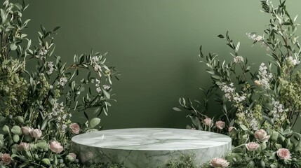 Poster - Elegant 3D Empty Podium Surrounded by Green Foliage