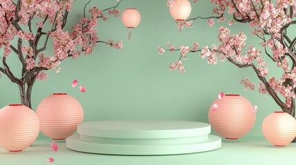 3D Rendering of an Empty Podium Surrounded by Cherry Blossoms