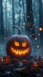 © Zhanna - A sinister jack-o'-lantern with sharp, menacing features glows from within, illuminating the misty forest as dusk falls. The fog, glowing embers, and autumn setting create a haunting, mysterious