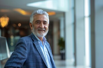 Portrait of successful senior Kurd businessman consultant looking at camera and smiling inside modern office building , background blur