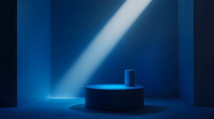 2. An atmospheric scene featuring a dimly lit studio with deep shadows, where a blue neon searchlight highlights a product on a pedestal, creating a captivating focal point for a showcase