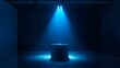 © Mr image - 2. An atmospheric scene featuring a dimly lit studio with deep shadows, where a blue neon searchlight highlights a product on a pedestal, creating a captivating focal point for a showcase