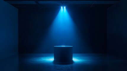 2. An atmospheric scene featuring a dimly lit studio with deep shadows, where a blue neon searchlight highlights a product on a pedestal, creating a captivating focal point for a showcase