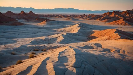 Stunning Sunset Over the Desert Landscape Showcasing Unique Rock Formations and Rippled Sand Dunes