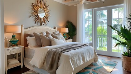 Elegant tropical Florida bedroom with bright sunshine, bay windows, and beautiful decor, featuring comfy pillows and a relaxed ambiance