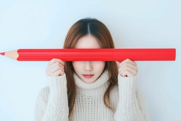 Young woman in a white sweater holding a large red pencil horizontally over her eyes, creating a playful and artistic pose.