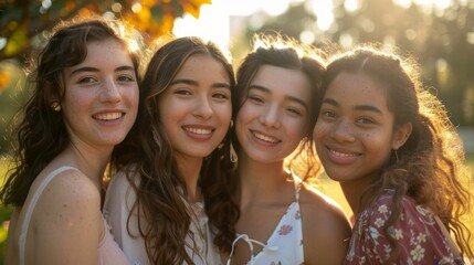 Wall Mural - A diverse group of young women, all standing closely and smiling