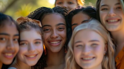 Wall Mural - A group of young women from diverse ethnicities, all smiling and standing closely together