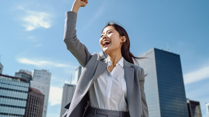 an excited Asian businesswoman in a grey suit and white top, celebrating success against a blue sky background. 