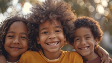 Wall Mural - A close-up of three cheerful children with different hair textures, smiling together in natural light