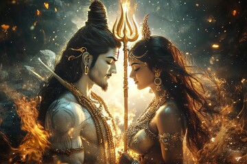 lord shiva and Parvati romance with golden trident. cosmic aura. hyper realistic.generative ai