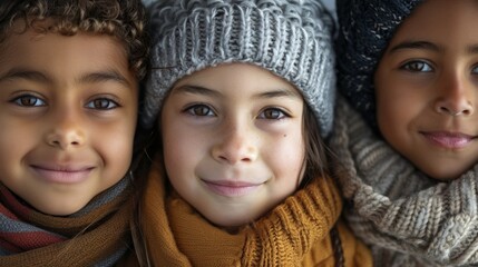 Wall Mural - A close-up of three kids from different ethnic backgrounds, smiling warmly