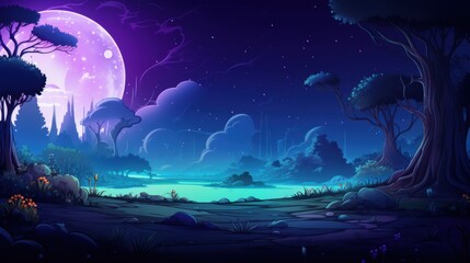 Wall Mural - A Nighttime Forest Scene with a Large, Purple Moon and Stars