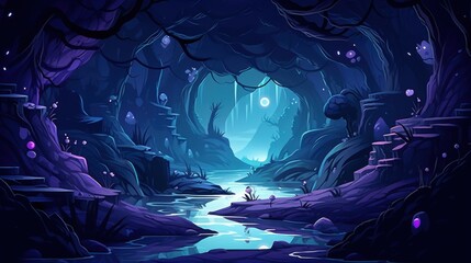 Wall Mural - A Mystical Cave Opening with a River Leading to a Glowing Moon