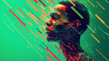 Aufkleber - This digital artwork shows a side profile of a human figure surrounded by moving glitch effects. Bright abstract shapes and vibrant pixels create a dynamic visual, blending the human form with digital