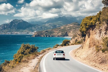 White car drive on road of mediterranean beach. driving on coast of Spain. Highway view on coast on way to summer holiday. Europe travel trip in sea coast road landscape. generative ai