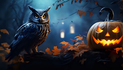 Halloween Background with Glowing Jack-o-Lantern, Owl, Old Cemetery  - Generative Ai 