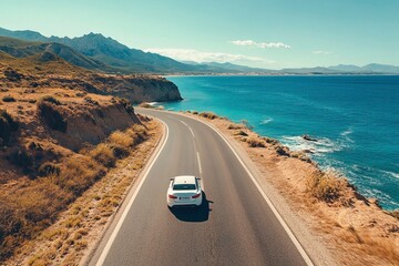 White car drive on road of mediterranean beach. driving on coast of Spain. Highway view on coast on way to summer holiday. Europe travel trip in sea coast road landscape. generative ai