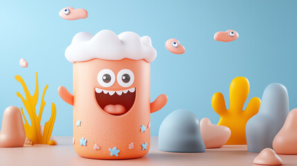 Wall Mural - cute and colorful cartoon character with a happy expression, surrounded by abstract shapes and sea p