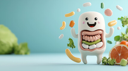Wall Mural - Playful cartoon character with a colorful design showcasing healthy food inside, set against a light blue background.