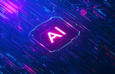 Poster - a digital illustration of ai in bold white letters, floating above an abstract circuit board backgro
