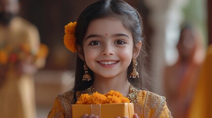 A young girl in traditional Indian clothing smiles and holds a gift.