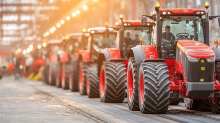 Red Tractors on Assembly Line in Industrial Plant Agriculture Machinery Manufacturing