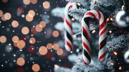 A Christmas tree with two candy canes hanging from it