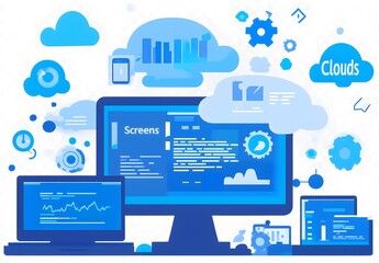 Poster - A flat illustration of web design and development with a laptop, tablet computer displaying an online video platform interface 