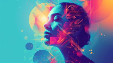 Wall Mural - A digital illustration of a female profile, immersed in a colorful, abstract world of neon hues and geometric shapes. The combination of vibrant colors and modern design evokes a futuristic and