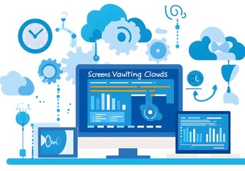Poster - A flat illustration of web design and development with a laptop, tablet computer displaying an online video platform interface 