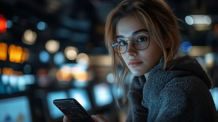 Wall Mural - A young woman with glasses holds a smartphone in front of a blurry background of glowing screens.